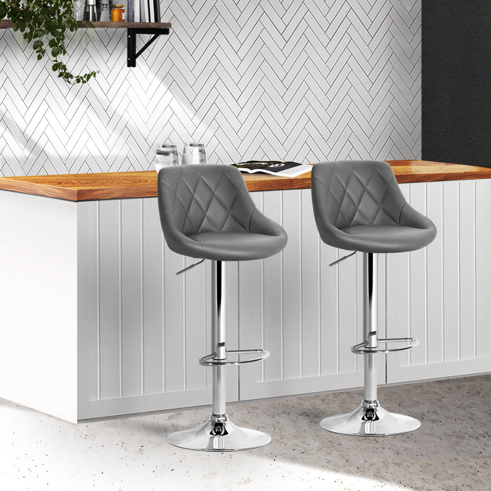 Artiss Set of 2 Bar Stools PU Leather Diamond Style - Grey