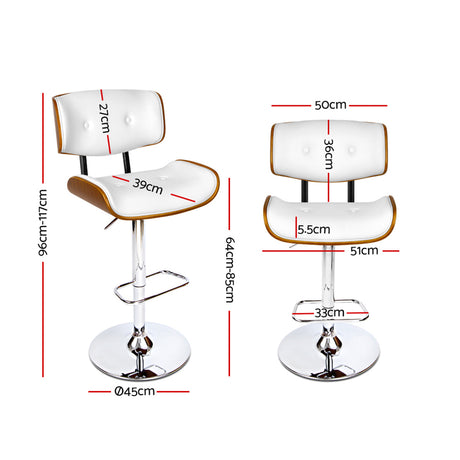 Artiss Set of 2 Wooden Gas Lift Bar Stool - White and Chrome