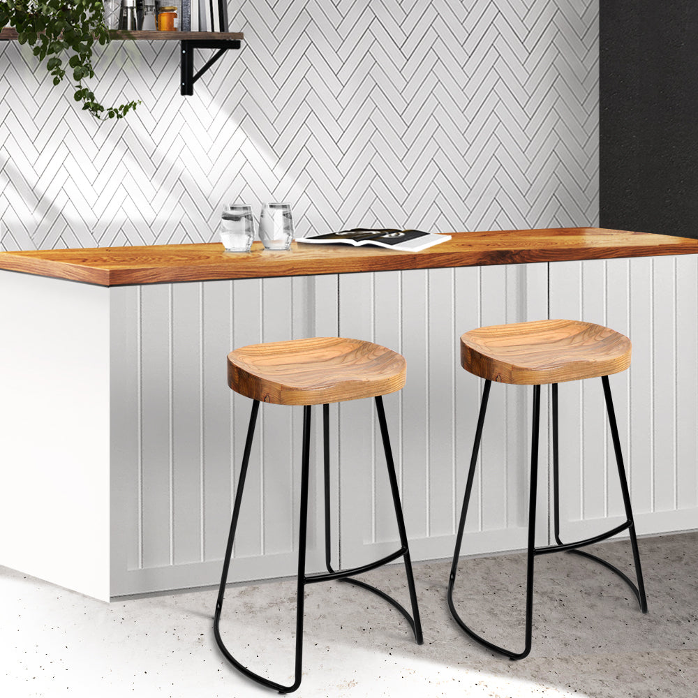 Artiss Set of 2 Elm Wood Backless Bar Stools 65cm - Black and Light Natural