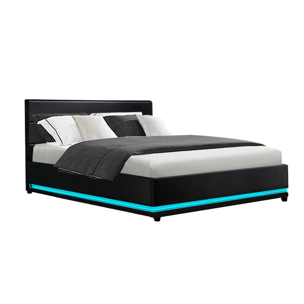 Artiss Lumi LED Bed Frame PU Leather Gas Lift Storage - Black Double