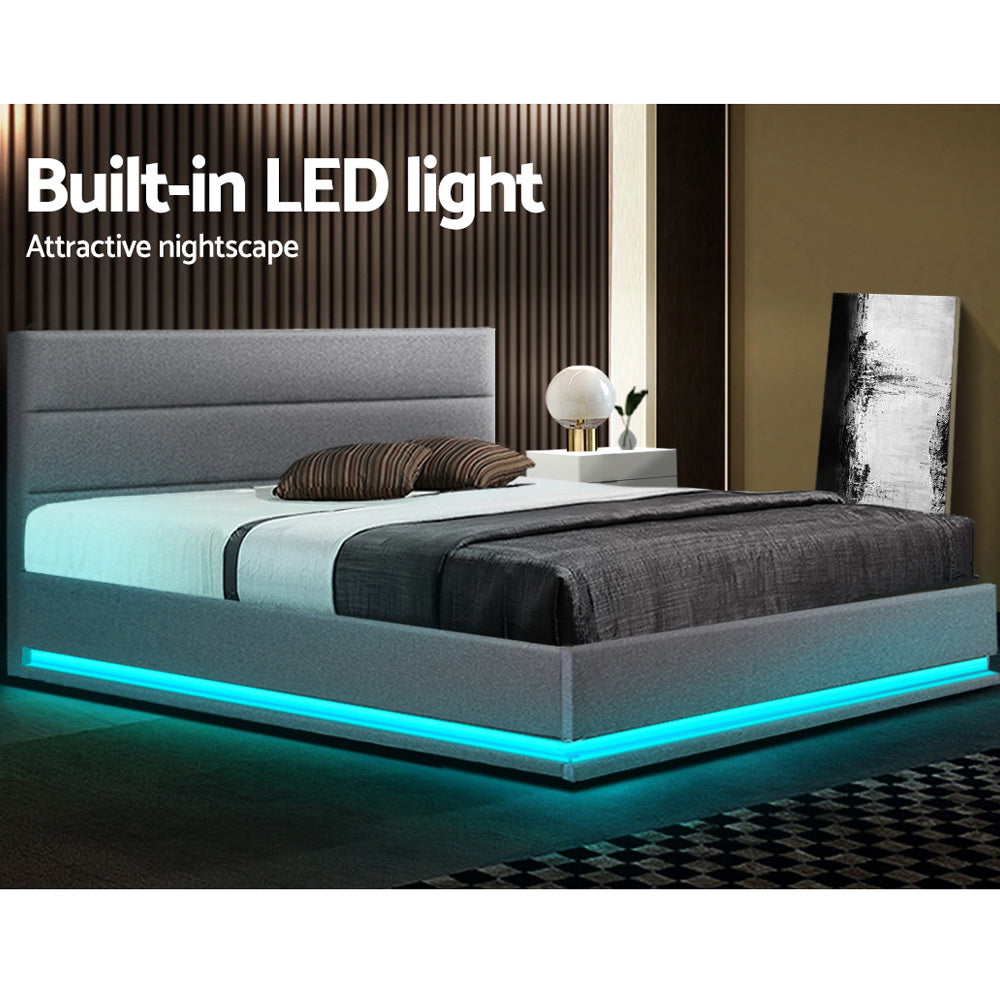 Artiss Lumi LED Bed Frame Fabric Gas Lift Storage - Grey Queen