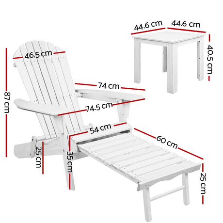 Gardeon 3PC Adirondack Outdoor Table and Chairs Wooden Sun Lounge Beach Patio White