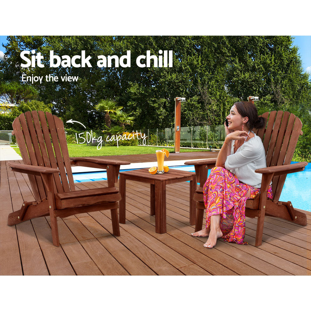 Gardeon 3PC Adirondack Outdoor Table and Chairs Wooden Foldable Beach Chair Brown