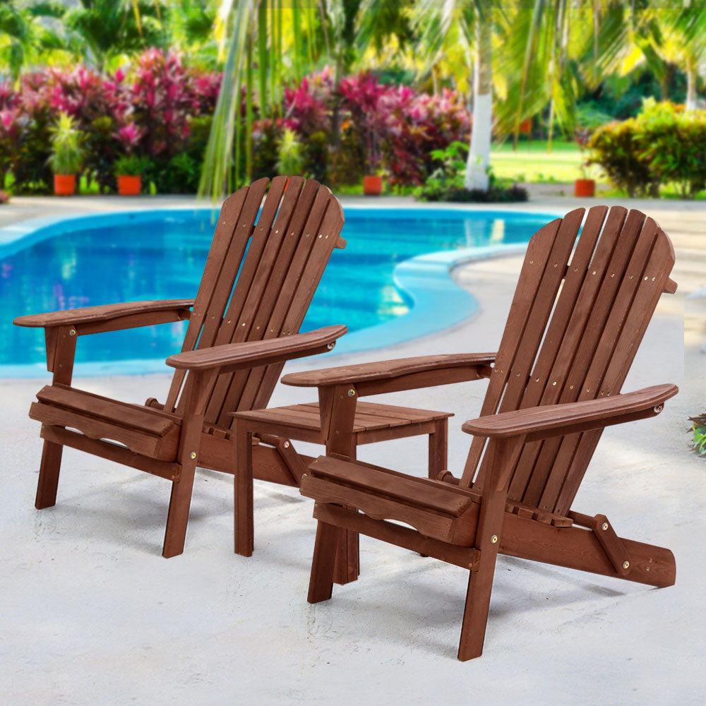 Gardeon 3PC Adirondack Outdoor Table and Chairs Wooden Foldable Beach Chair Brown