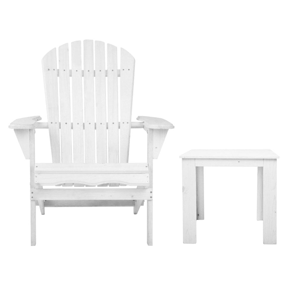 Gardeon 3PC Adirondack Outdoor Table and Chairs Wooden Foldable Beach Chair White