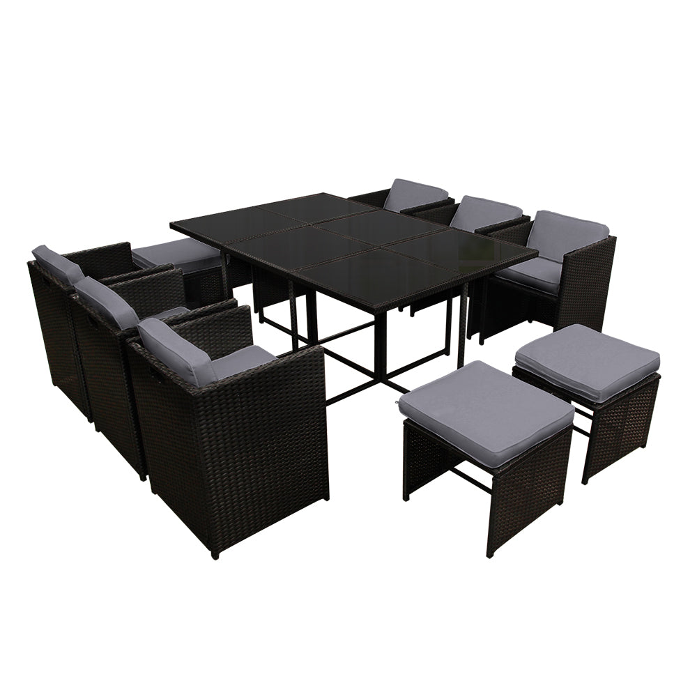 Gardeon Outdoor Dining Set 11 Piece Wicker Table Chairs Setting Black