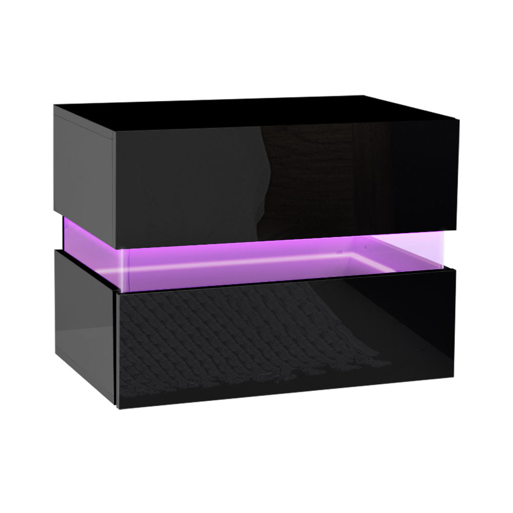 Artiss Bedside Table 2 Drawers RGB LED Side Nightstand High Gloss Cabinet Black