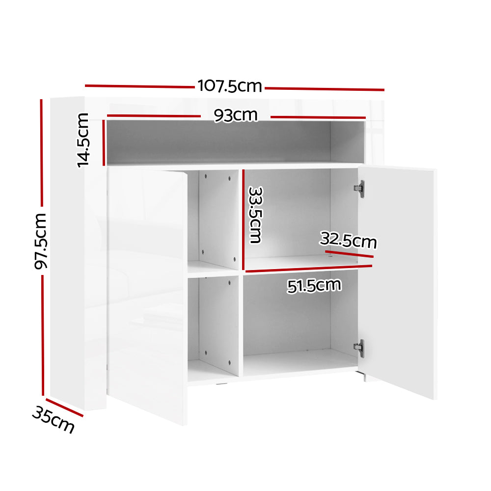 Artiss Buffet Sideboard Cabinet LED High Gloss Storage Cupboard 2 Doors White