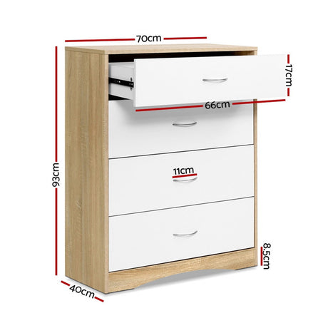 Artiss 4 Chest of Drawers Tallboy Dresser Table Bedroom Storage White Wood Cabinet