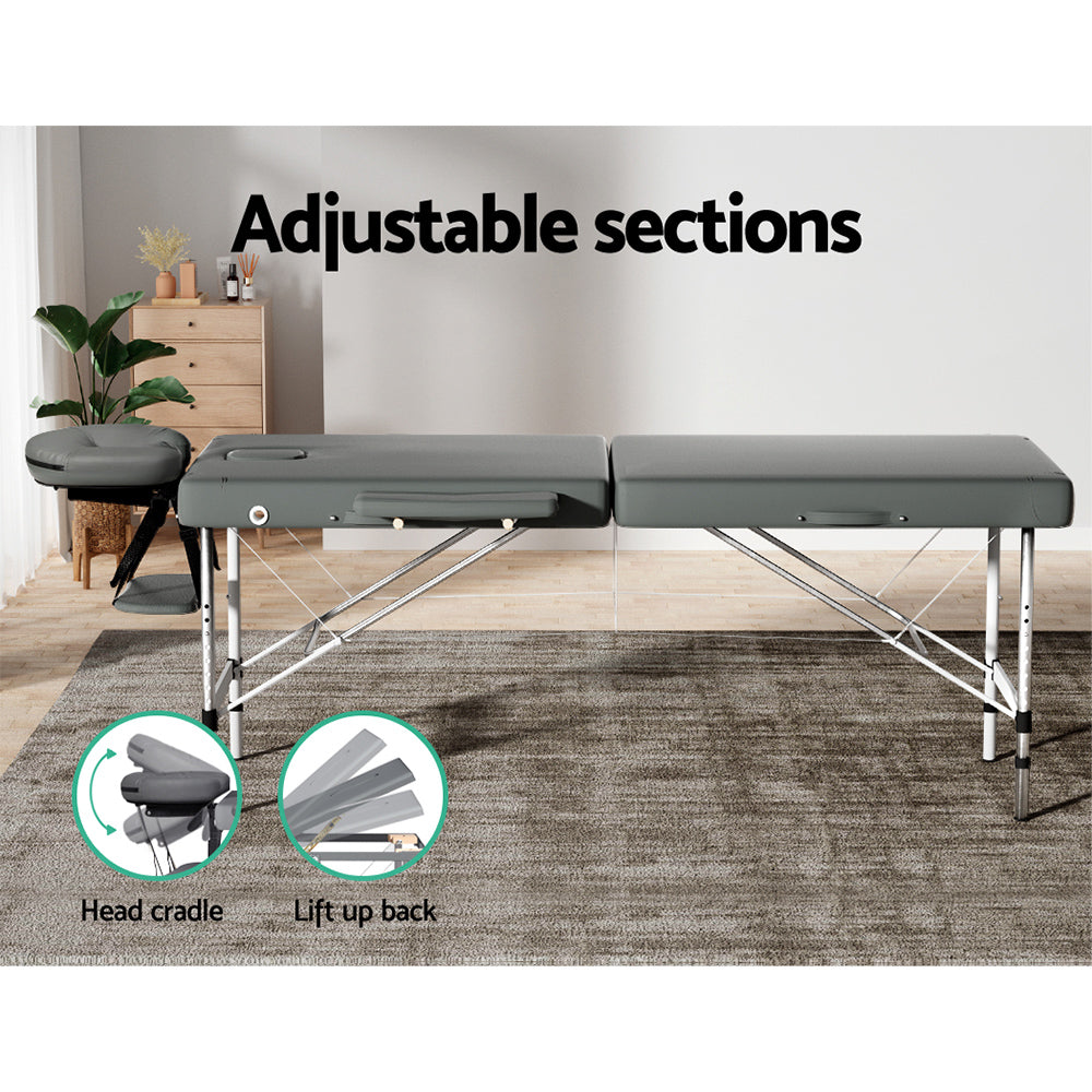 Zenses Massage Table 55cm 2 Fold Aluminium Massage Bed Portable Beauty Therapy Grey