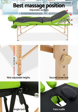 Zenses Massage Table 70cm 3 Fold Wooden Portable Beauty Therapy Bed Waxing Green