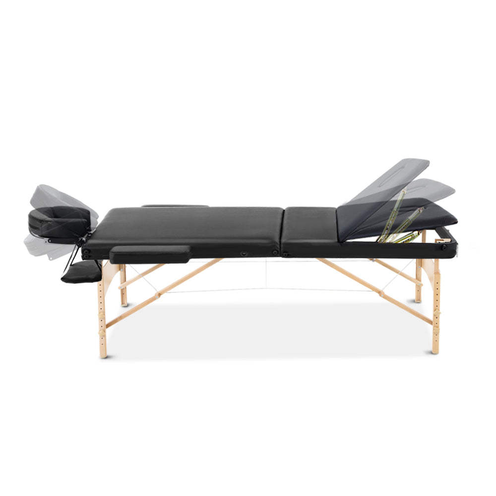 Zenses Massage Table 70cm 3 Fold Wooden Portable Beauty Therapy Bed Waxing Black