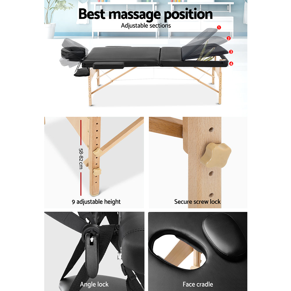 Zenses Massage Table 70cm 3 Fold Wooden Portable Beauty Therapy Bed Waxing Black