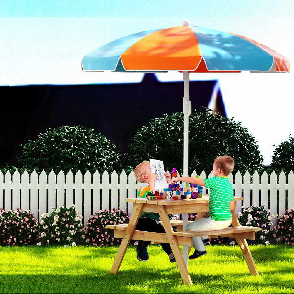 Keezi Kids Outdoor Table and Chairs Picnic Bench Umbrella Set Water Sand Pit Box