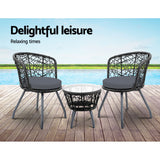 Gardeon 3PC Bistro Set Outdoor Furniture Rattan Table Chairs Patio Garden Cushion Black