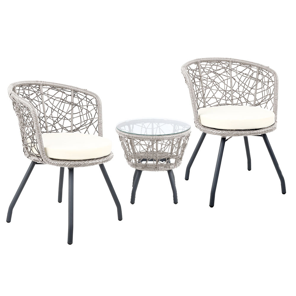 Gardeon 3PC Bistro Set Outdoor Furniture Rattan Table Chairs Patio Garden Cushion Grey