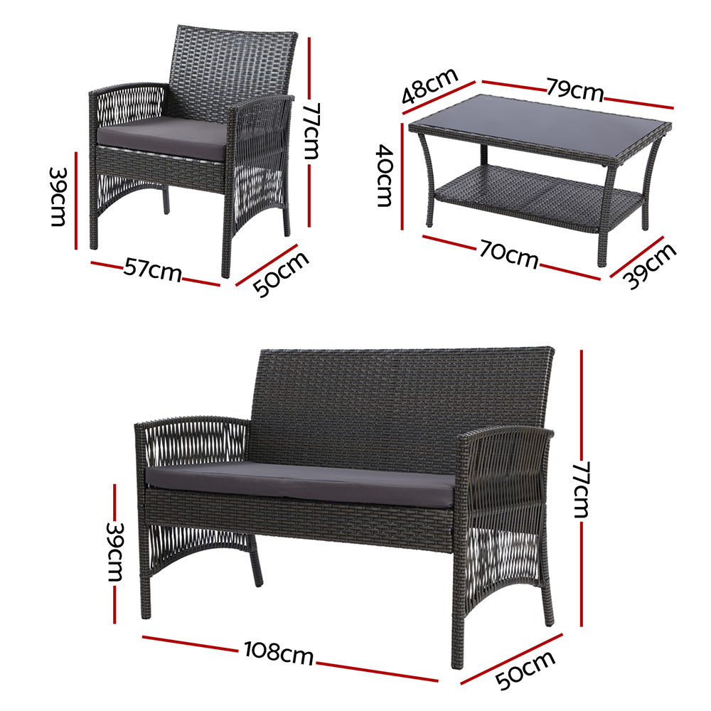 Gardeon 4PCS Outdoor Lounge Setting Sofa Set Patio Wicker Furniture Grey