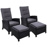 Gardeon 2PC Recliner Chairs Sun lounge Wicker Lounger Outdoor Furniture Adjustable Black