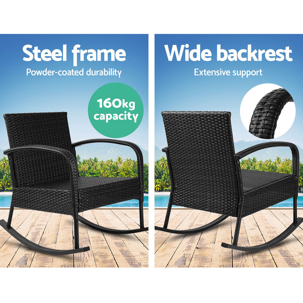 Gardeon 3 Piece Outdoor Chair Rocking Set - Black