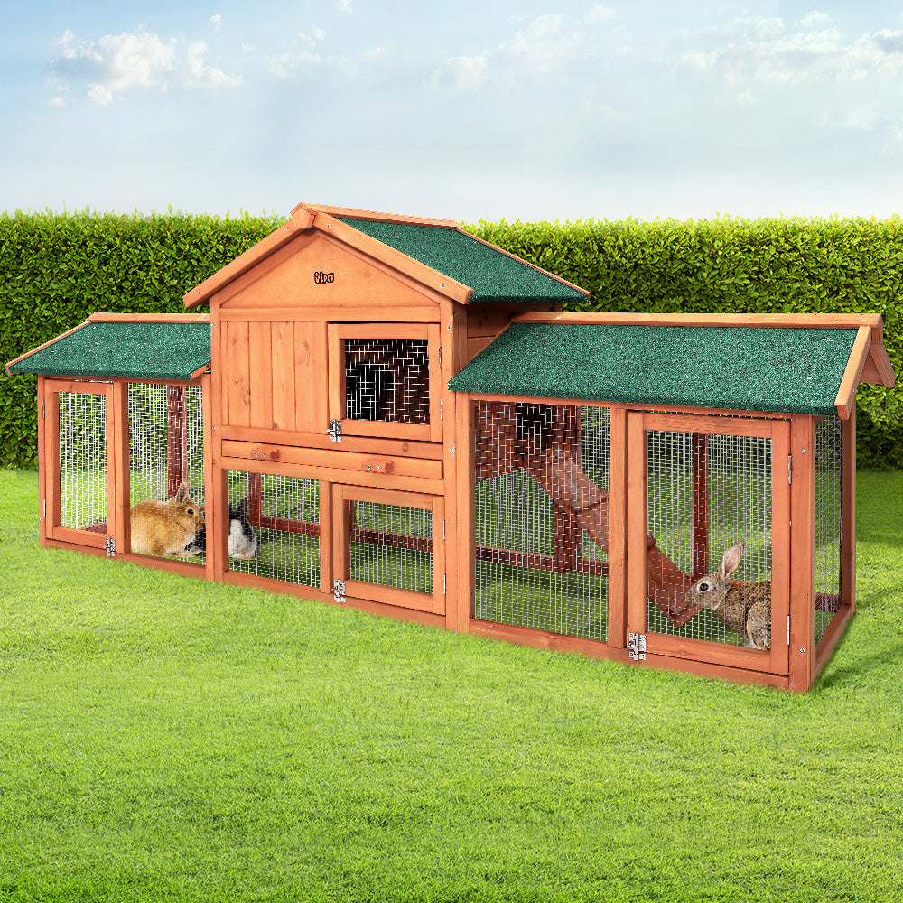 i.Pet Rabbit Hutch Chicken Coop Wooden Cage Pet Hutch 220cm x 52cm x 84cm