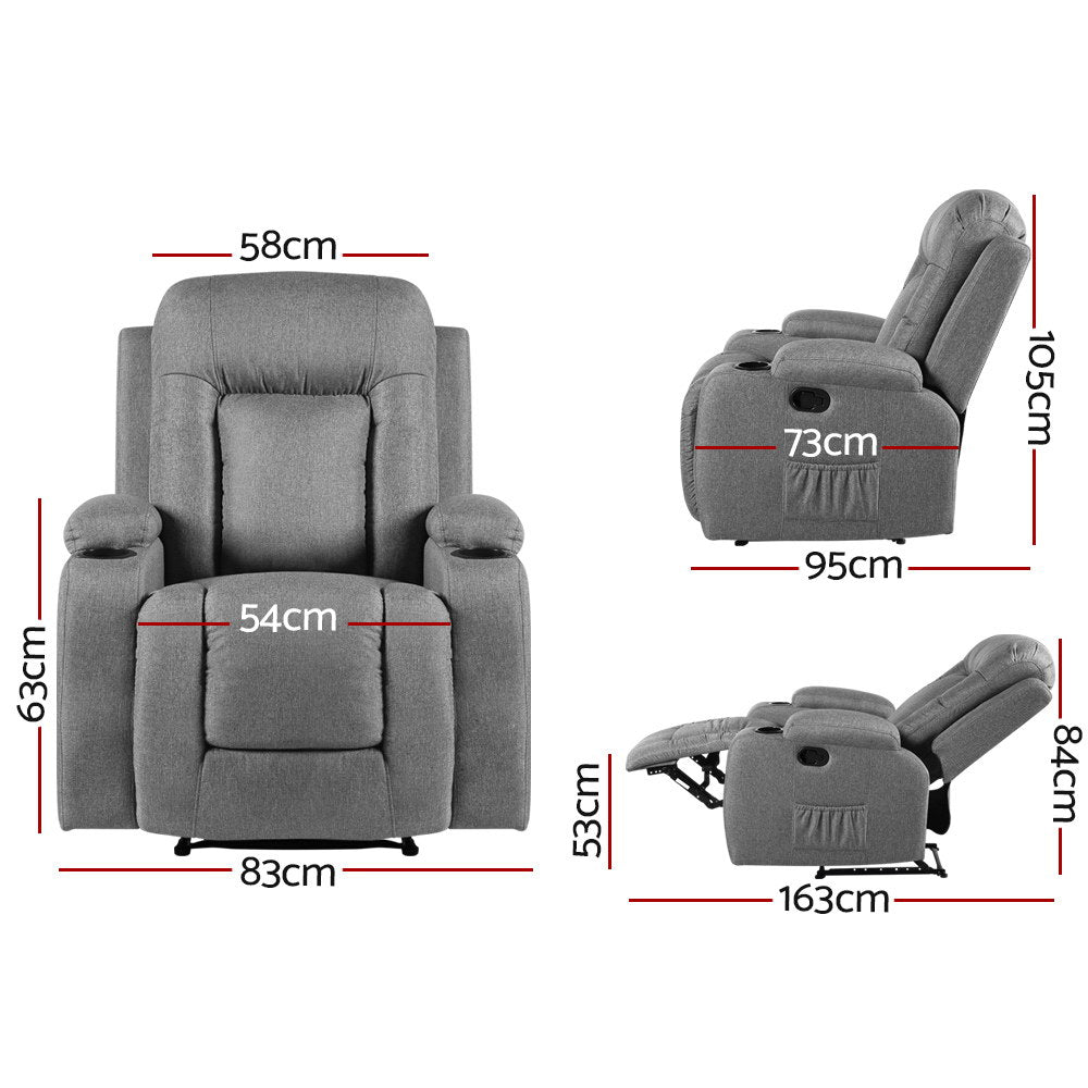 Artiss Recliner Chair Electric Massage Chair Fabric Lounge Sofa Heated Grey