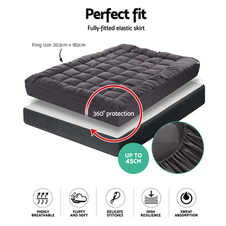 Giselle King Mattress Topper Pillowtop 1000GSM Charcoal Microfibre Bamboo Fibre Filling Protector