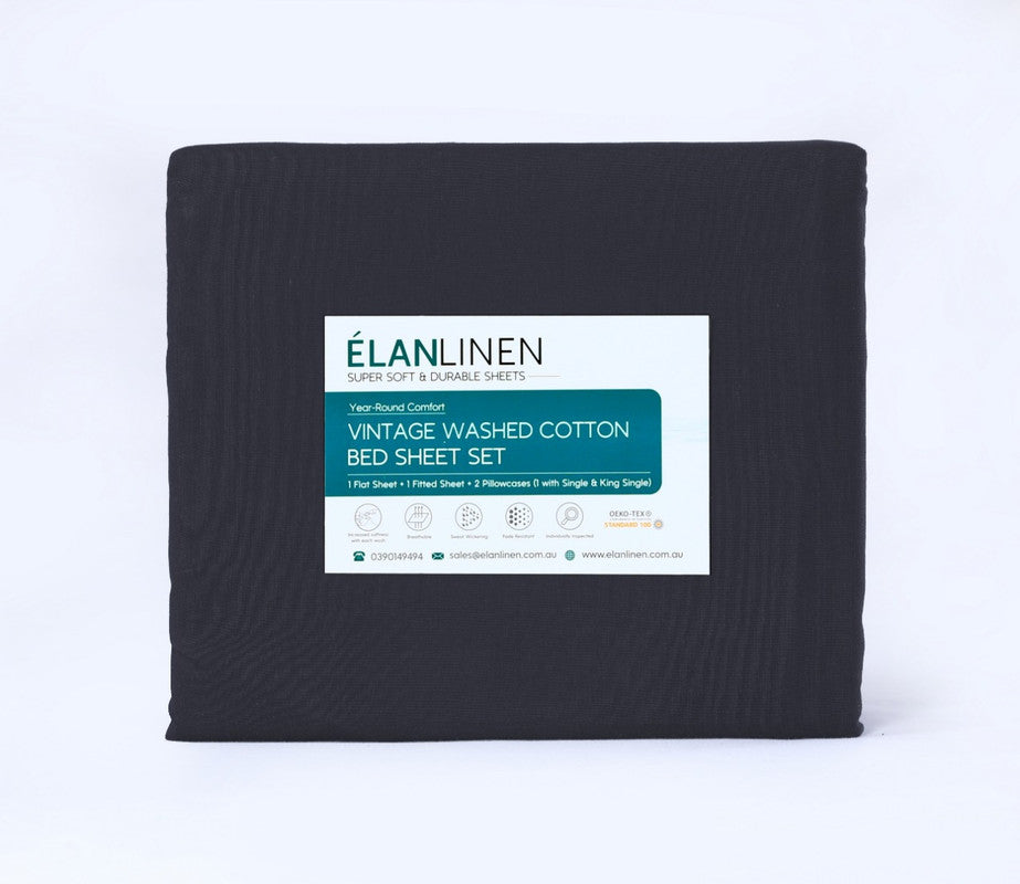 Elan Linen 100% Egyptian Cotton Vintage Washed 500TC Charcoal 50 cm Deep Mega Queen SIze Bed Sheets Set