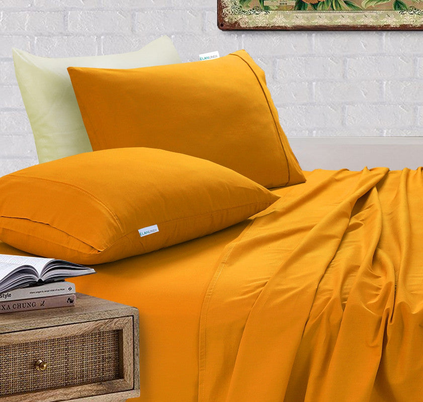 Elan Linen 100% Egyptian Cotton Vintage Washed 500TC Mustard 50 cm Deep Mega Queen Bed Sheets Set