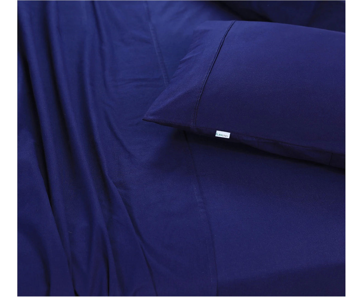 Elan Linen 100% Egyptian Cotton Vintage Washed 500TC Navy Blue Single Bed Sheets Set