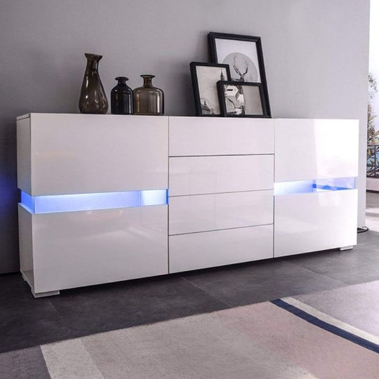 Buffet Sideboard Cabinet High Gloss RGB LED Storage Cupboard with 2 Doors & 4 Drawers White