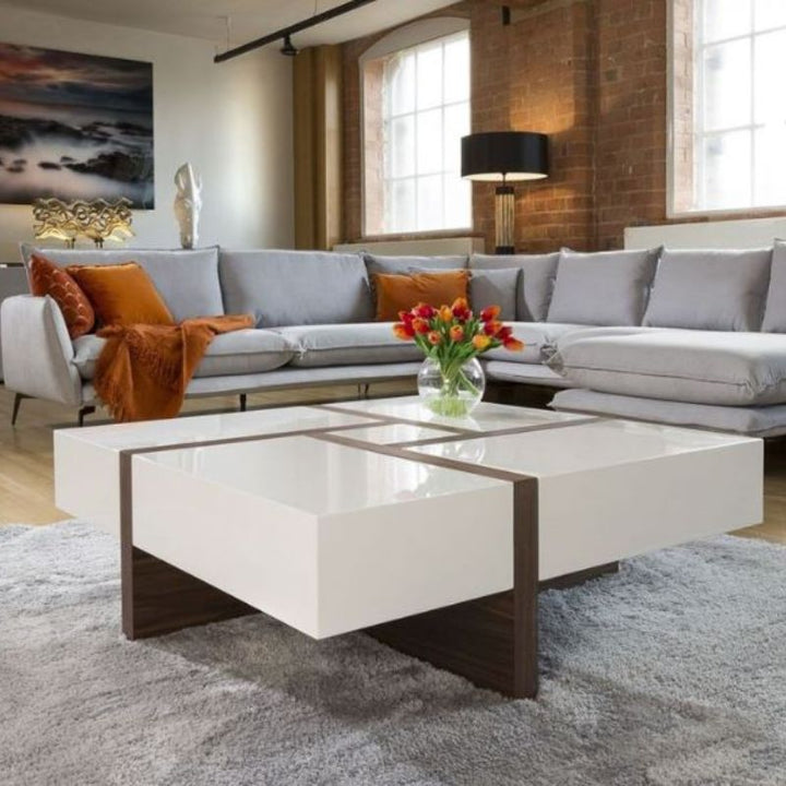 Vintage Elegant White and Brown Criss Cross Coffee Table