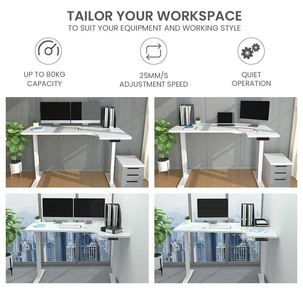 Fortia L Shaped Sit To Stand Up Corner Standing Desk, 72-120cm, Dual Motor, Adjustable Height Electric, 80kg Load, Right-Hand Sided, White