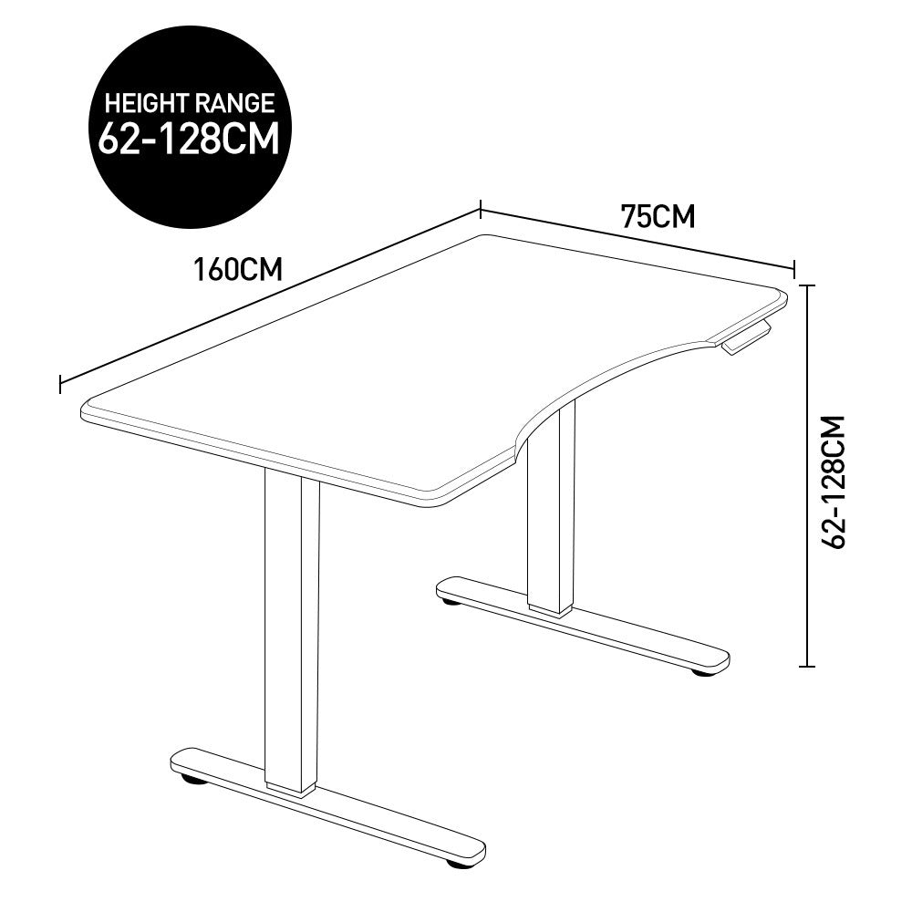 Fortia Sit To Stand Up Standing Desk, 160x75cm, 62-128cm Electric Height Adjustable, Dual Motor, 120kg Load, Arched, Black/Black Frame