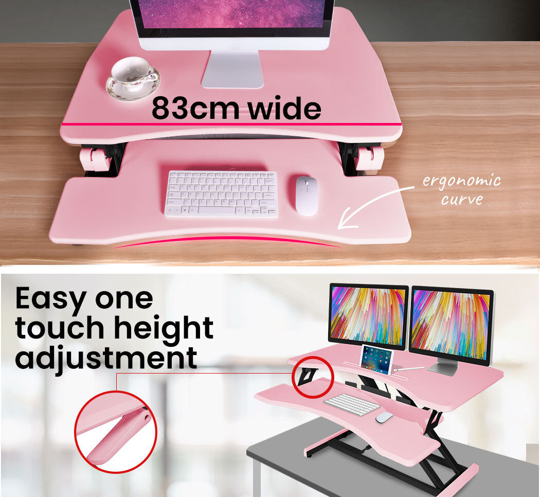 Fortia Desk Riser 77cm Wide Adjustable Sit to Stand for Dual Monitor, Keyboard, Laptop, Pink