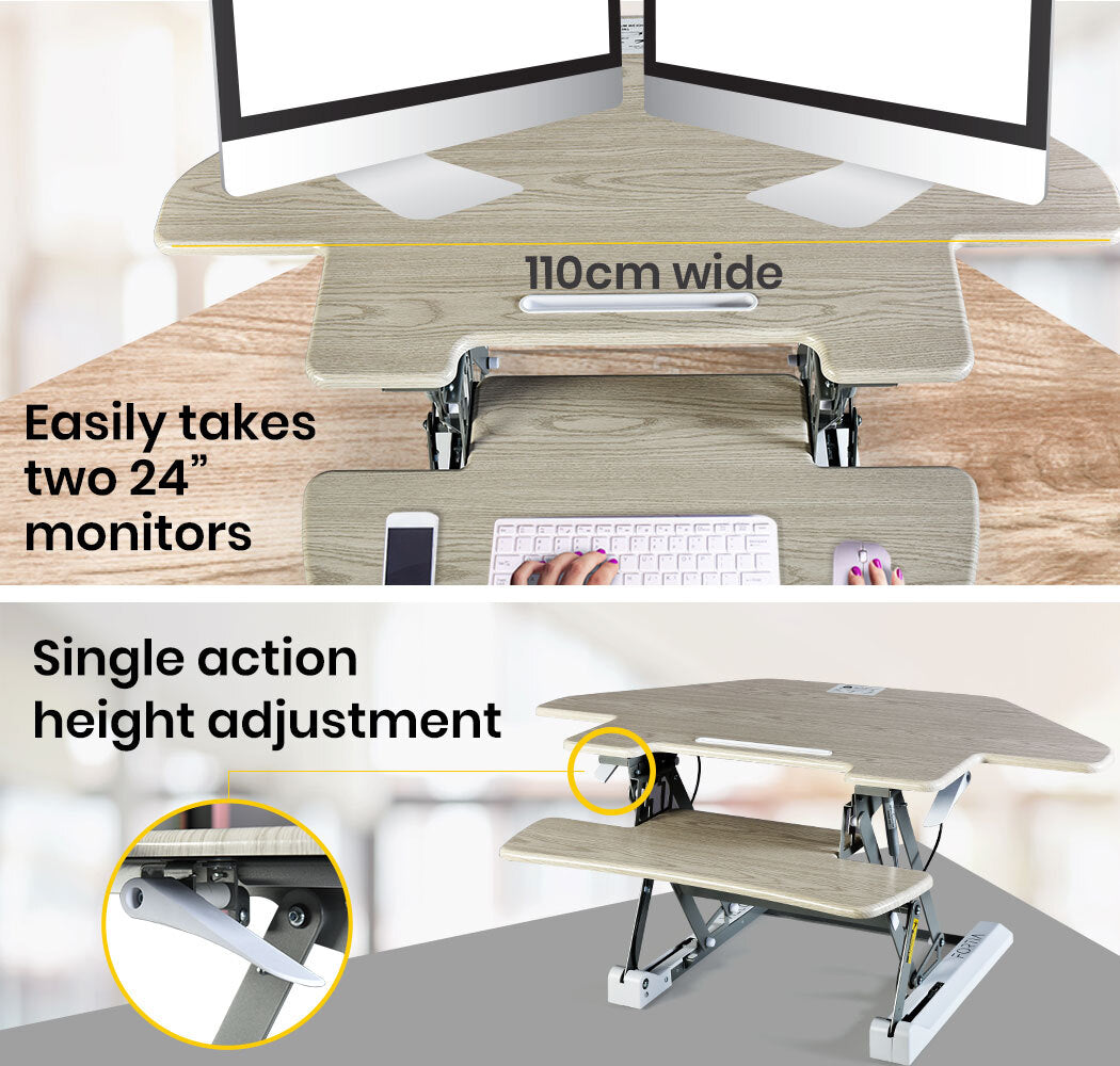 Fortia Corner Desk Riser 110cm Wide Adjustable Sit to Stand for Dual Monitor, Keyboard, Laptop, Beech