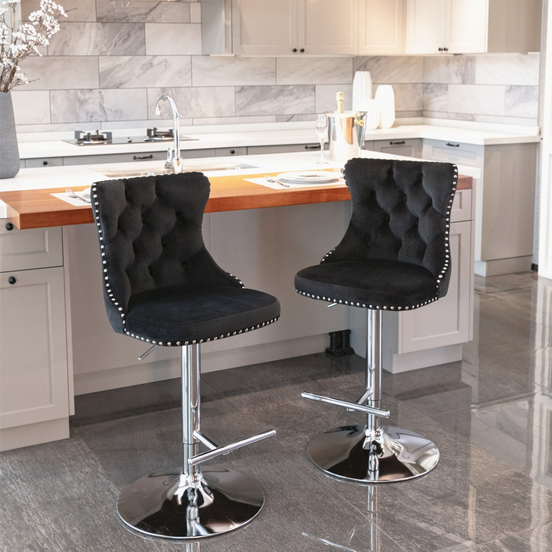 4x Height Adjustable Swivel Bar Stool Velvet Studs Barstool with Footrest and Chromed Base- Black