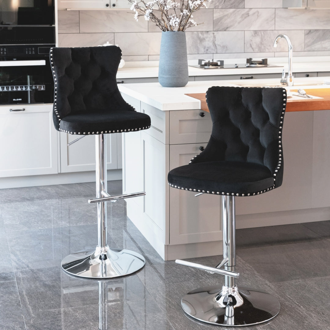 4x Height Adjustable Swivel Bar Stool Velvet Studs Barstool with Footrest and Chromed Base- Black