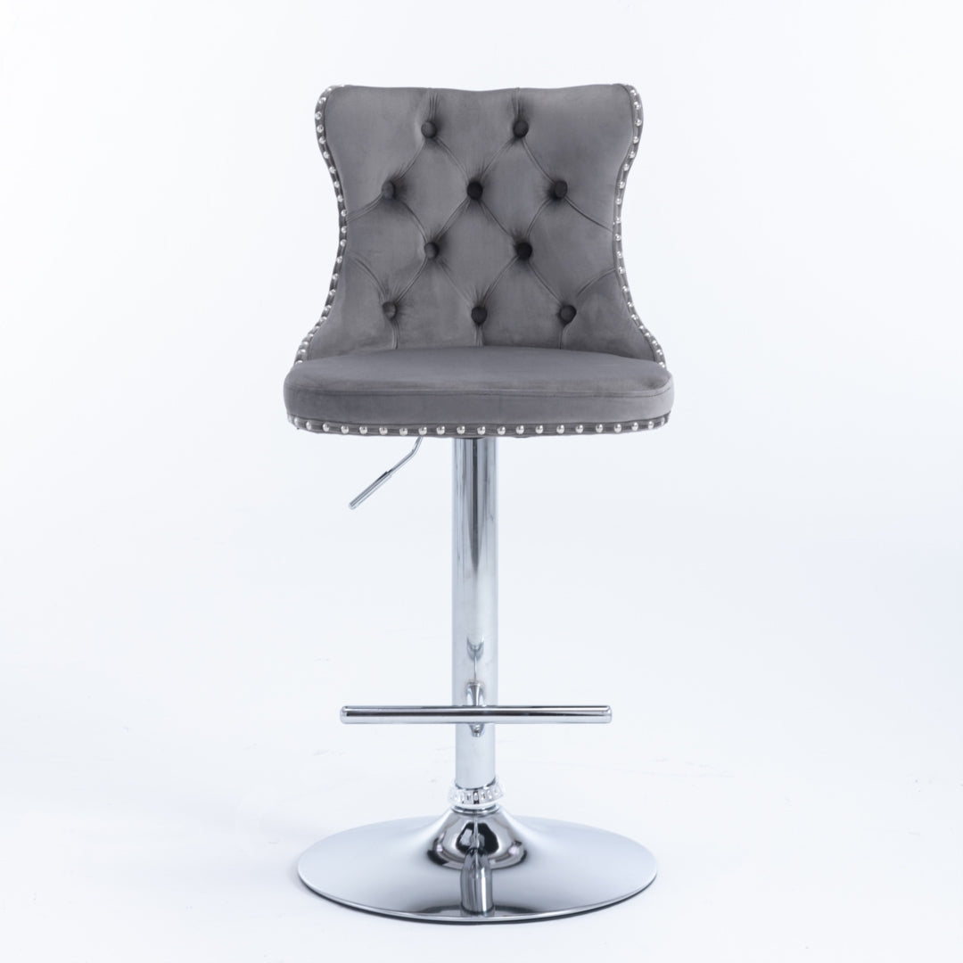 4x Height Adjustable Swivel Bar Stool Velvet Stud Barstool with Footrest and Chromed Base- Gray