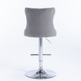 4x Height Adjustable Swivel Bar Stool Velvet Stud Barstool with Footrest and Chromed Base- Gray