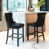 4X Velvet Bar Stools with Studs Trim Wooden Legs Tufted Dining Chairs Kitchen