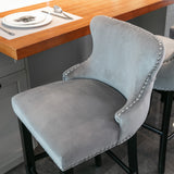 4x Velvet Upholstered Button Tufted Bar Stools with Wood Legs and Studs-Grey