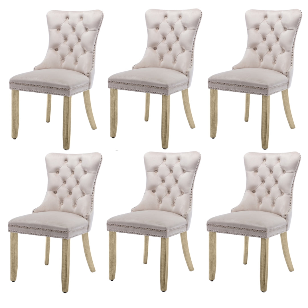 6x Velvet Dining Chairs Upholstered Tufted Kithcen Chair with Solid Wood Legs Stud Trim and Ring-Beige