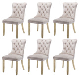 6x Velvet Dining Chairs Upholstered Tufted Kithcen Chair with Solid Wood Legs Stud Trim and Ring-Beige