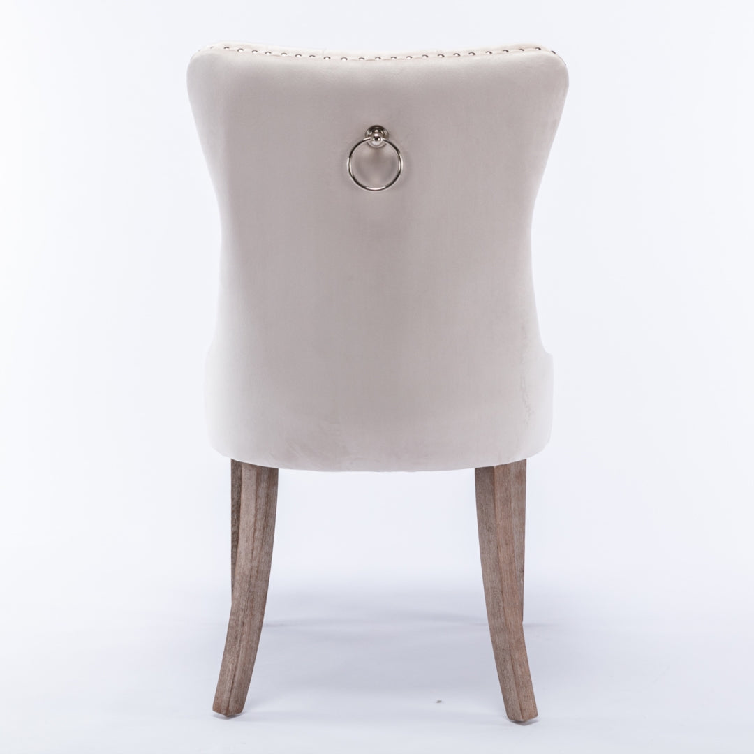 8x Velvet Dining Chairs Upholstered Tufted Kithcen Chair with Solid Wood Legs Stud Trim and Ring-Beige