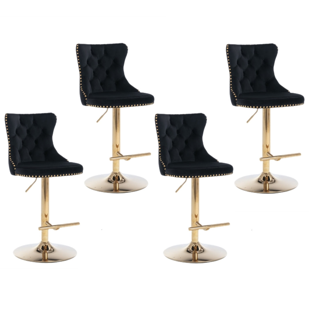 4x Height Adjustable Swivel Bar Stool Velvet Studs Barstool with Footrest and Golden Base- Black