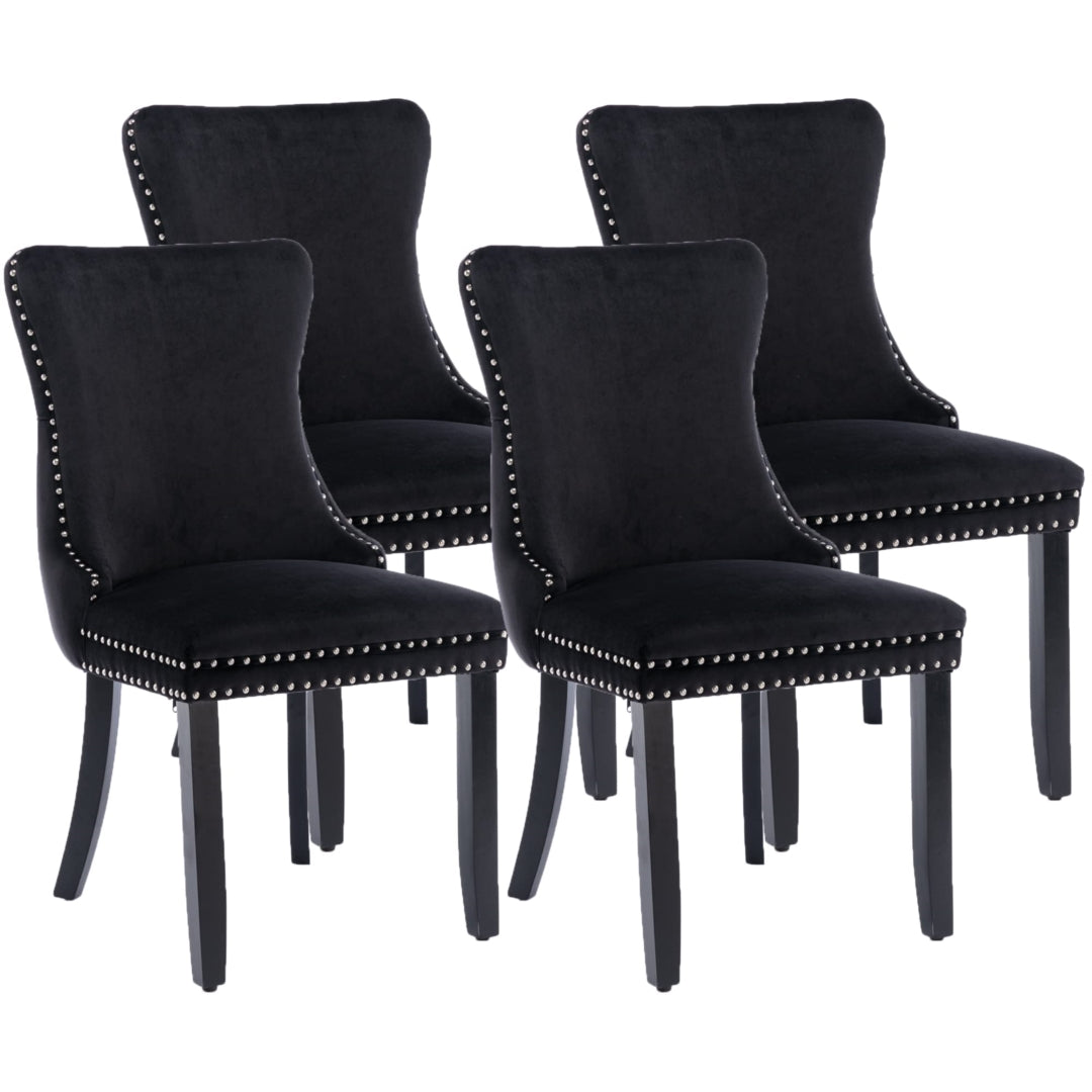 4x Velvet Upholstered Dining Chairs Tufted Wingback Side Chair with Studs Trim Solid Wood Legs for Kitchen