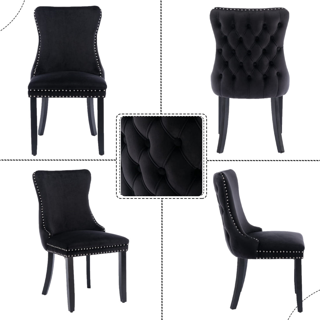 6x Velvet Upholstered Dining Chairs Tufted Wingback Side Chair with Studs Trim Solid Wood Legs for Kitchen