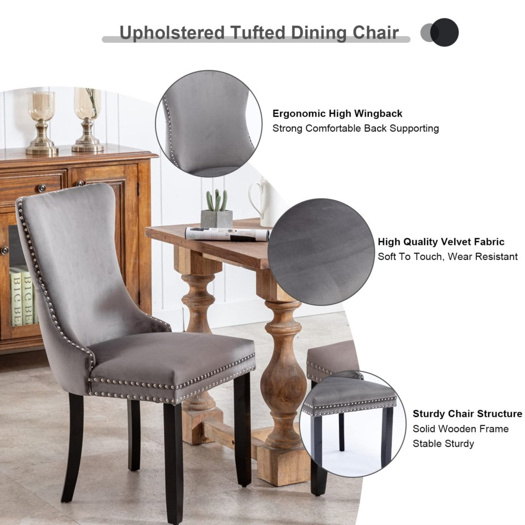 2x Velvet Upholstered Dining Chairs Tufted Wingback Side Chair with Studs Trim Solid Wood Legs for Kitchen