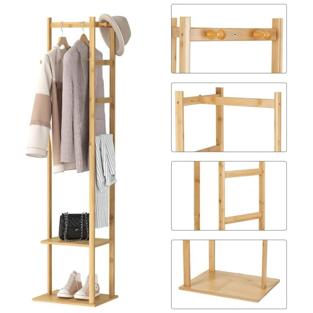 EKKIO Bamboo Clothing Rack with 3 Hanger Hooks (Natural Wood) EK-BCR-100-JS