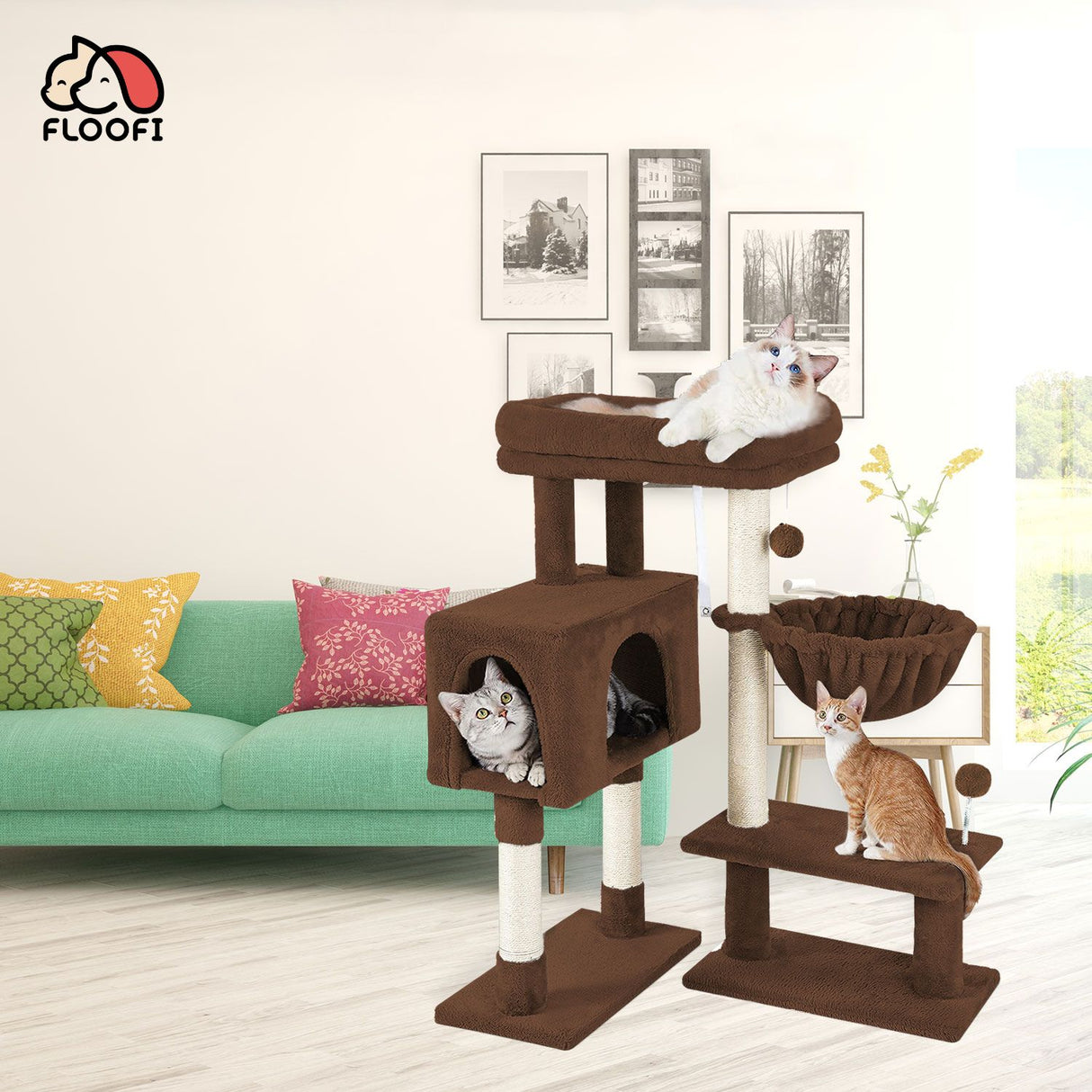 Floofi 97cm Adjustable Base Plush Cat Tree Brown FI-CT-164-ZZ